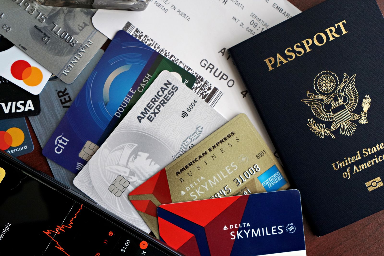Passport, payment cards and airline reward cards