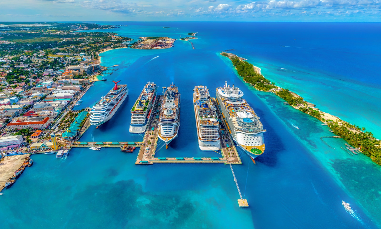 Cruise ships docked in a tropical harbour