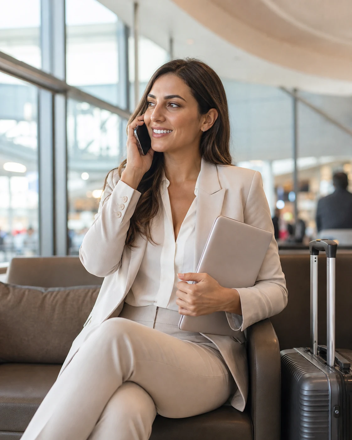 Traveller speaking with her personal travel assistant at an airport
